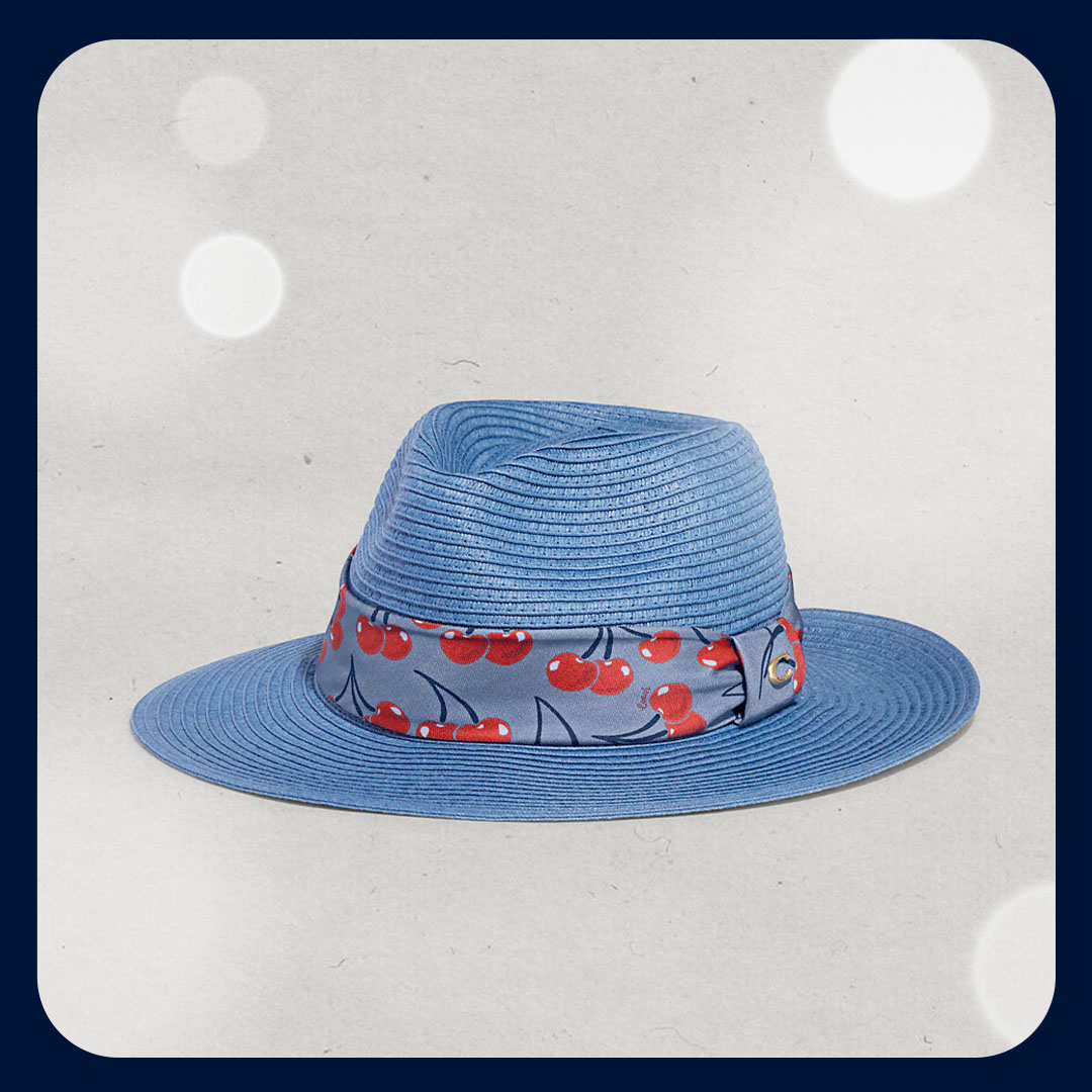 Straw Brimmed Hat With Cherry Print Scarf