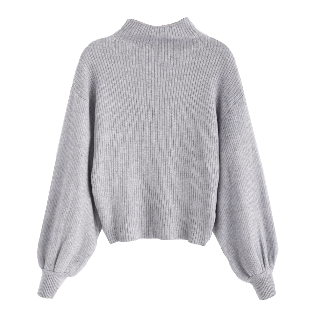 Lantern Sleeve Mock Neck Plain Sweater