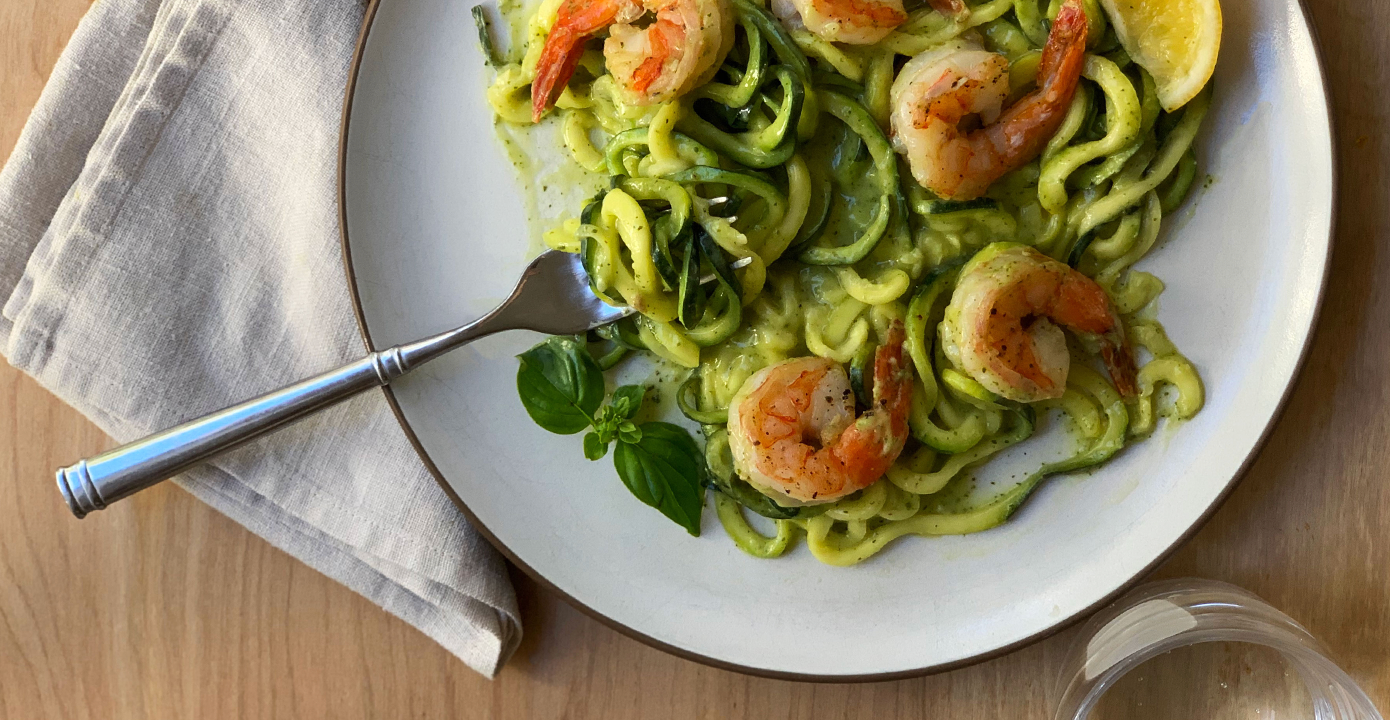 Zucchini Noodles With Avocado Pesto and Garlic Shrimp 